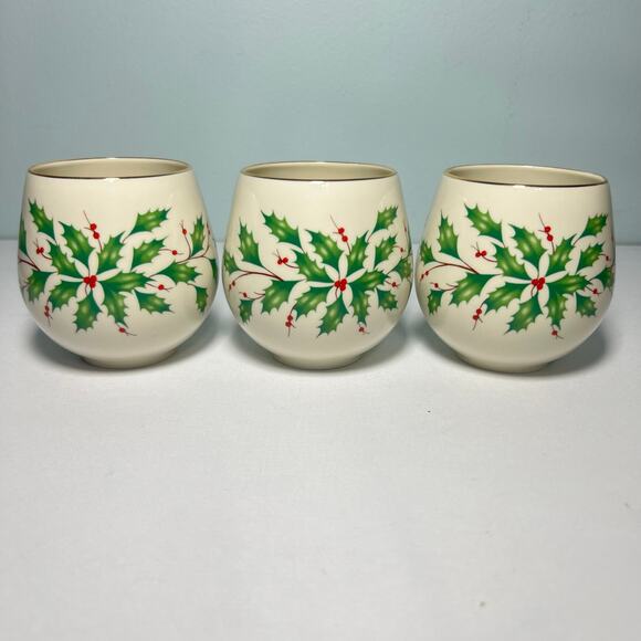 Lenox Holiday Dimension Set of 3 Cachepot Votives Porcelain Holly & Berries - Picture 1 of 10